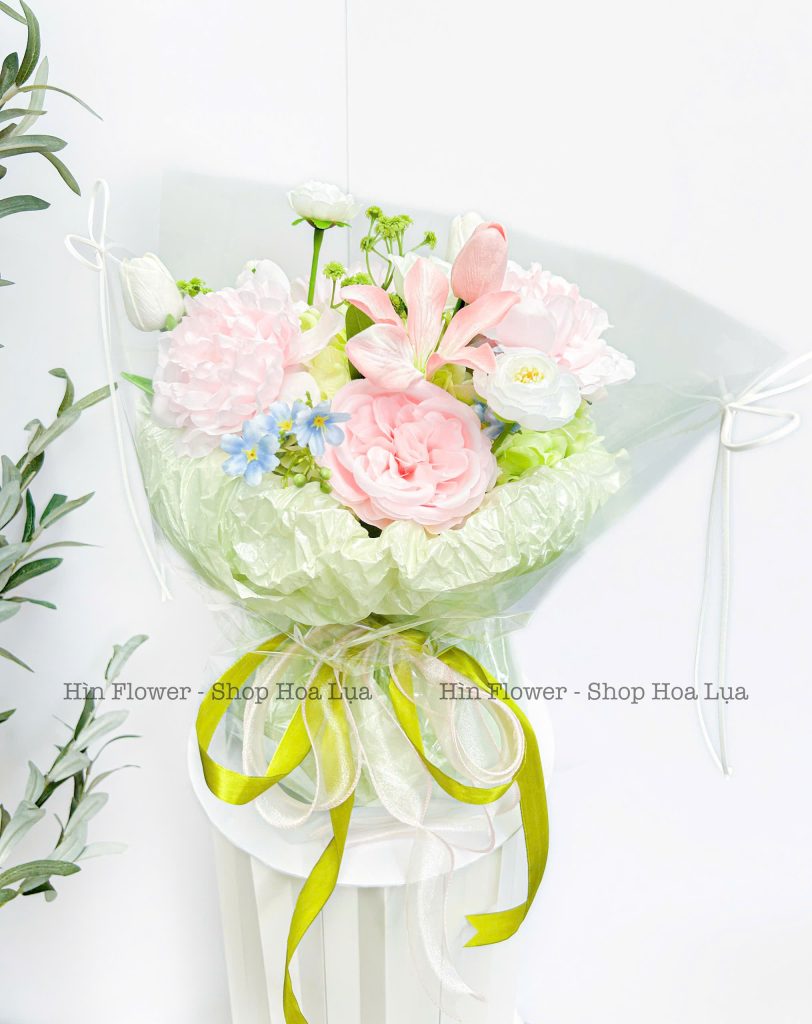 Bó Hoa Lụa Màu Hồng Xanh