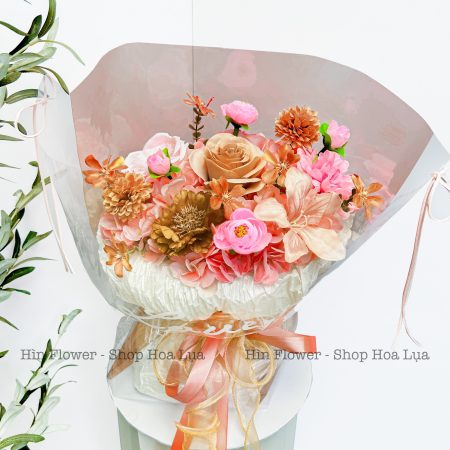 Bó Hoa Lụa Nâu Cam Hồng