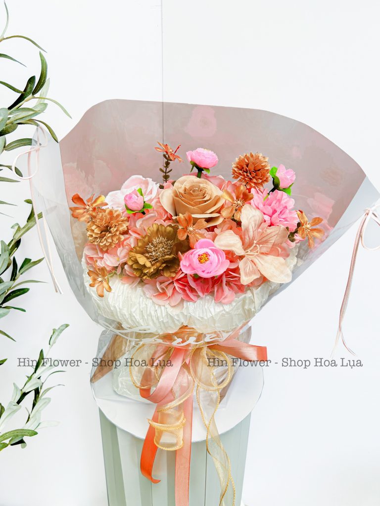 Bó Hoa Lụa Nâu Cam Hồng
