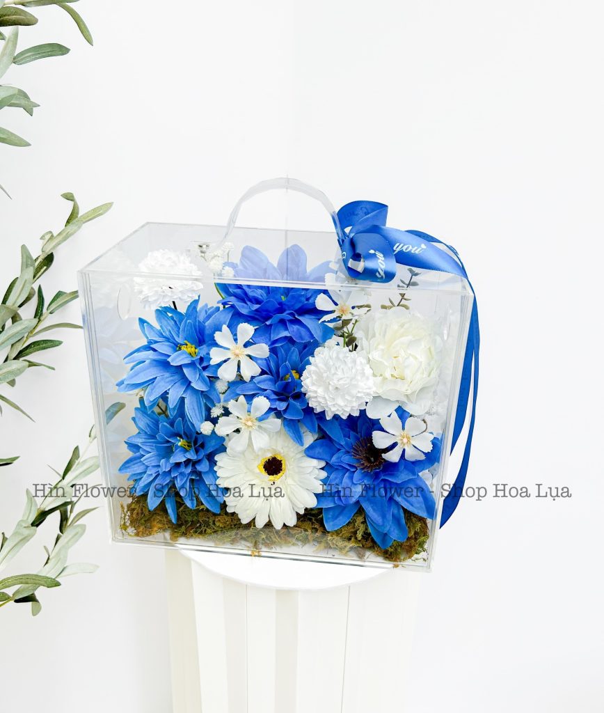 Vali Hoa Lụa Xanh Dương Trắng
