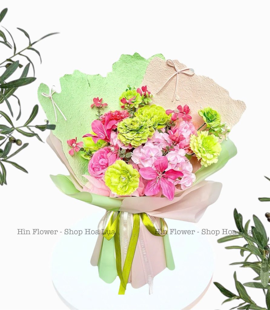 Bó Hoa Lụa Hồng Xanh Lá