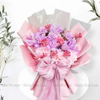 Hoa Lụa Hồng Tím Nơ Hồng