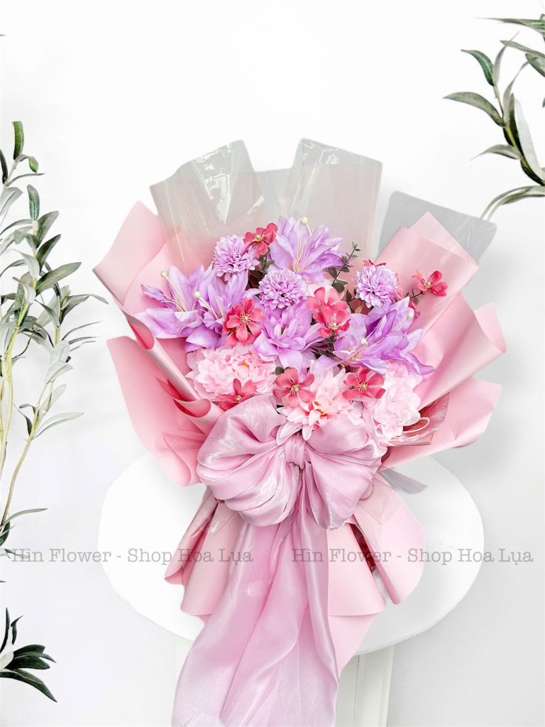 Hoa Lụa Hồng Tím Nơ Hồng