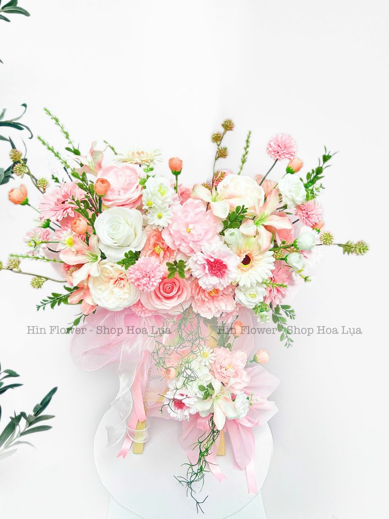 Kệ Hoa Lụa Hồng Trắng