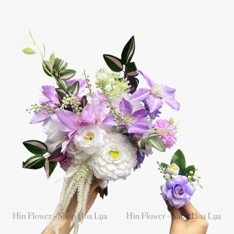 Bó hoa cưới lụa tím trắng