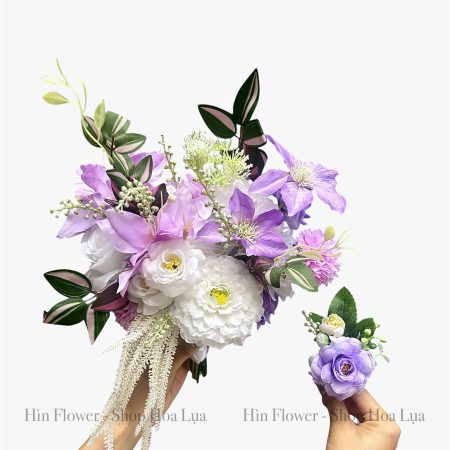 Bó hoa cưới lụa tím trắng