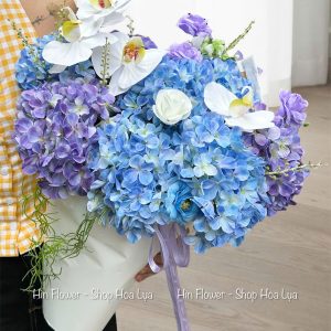 hoa lụa tú cầu xanh tím