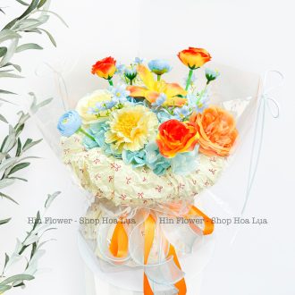 Bó hoa lụa màu cam xanh