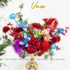 bình hoa lụa decor đỏ xanh