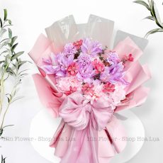 Hoa Lụa Hồng Tím Nơ Hồng