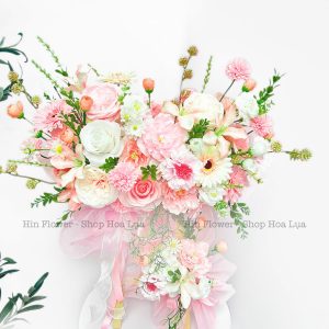 Kệ Hoa Lụa Hồng Trắng