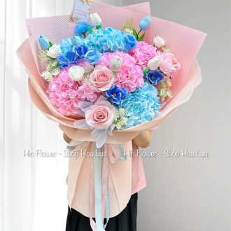 Bó Tú Cầu Lụa Hồng Xanh