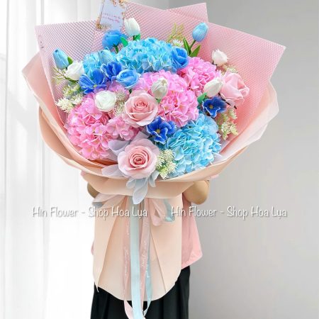 Bó Tú Cầu Lụa Hồng Xanh