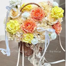 Giỏ Hoa Lụa Vàng Cam Trắng