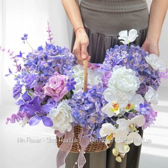 Giỏ hoa lụa tú cầu tím