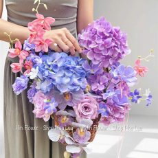 Giỏ Tú Cầu Lụa Tím Hồng