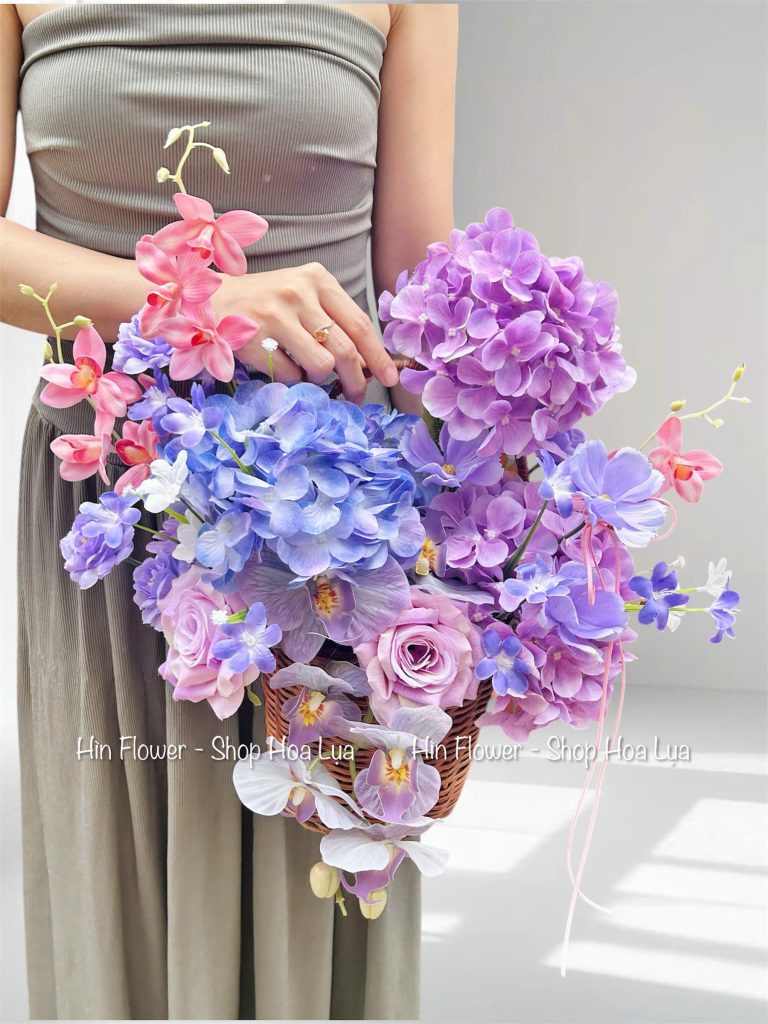 Giỏ Tú Cầu Lụa Tím Hồng