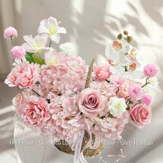 Giỏ Hoa Lụa Tú Cầu Hồng